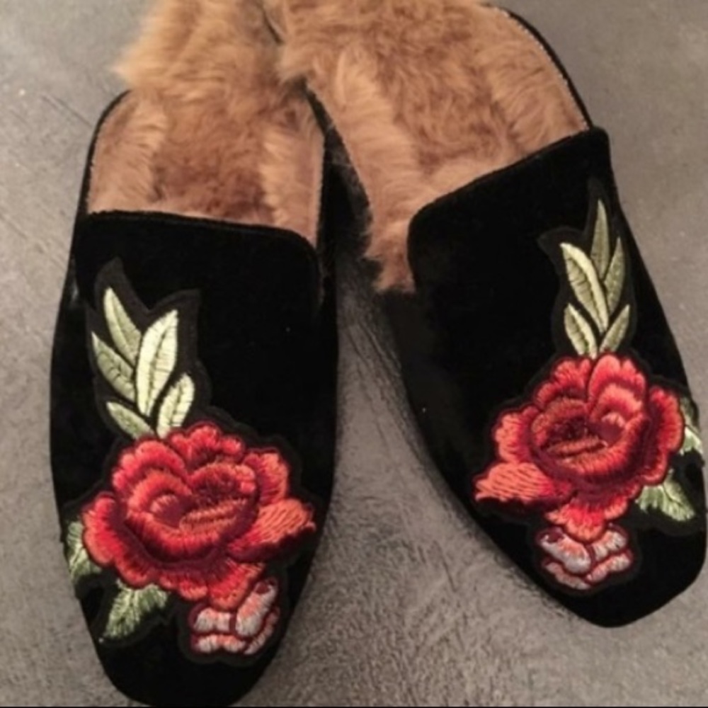 Joie Black Velvet Mules with Red Rose Embroidery, Size 7.5